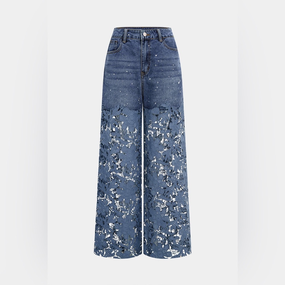 Wide Leg Floral Appliqué Jeans - Blue